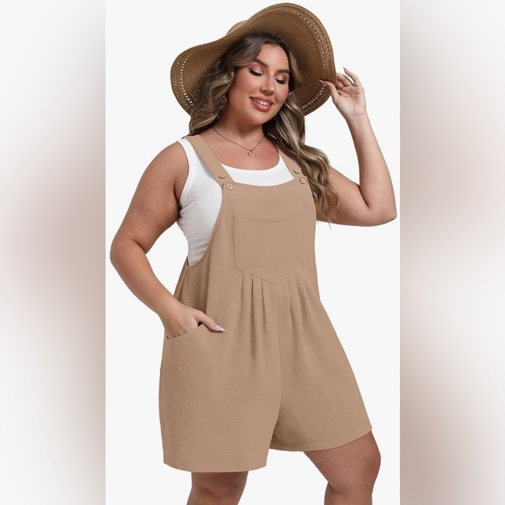 NWT- Soft Tan Overall 
Shorts Romper with Pockets
Classic and comfortable - Picture 2 of 7